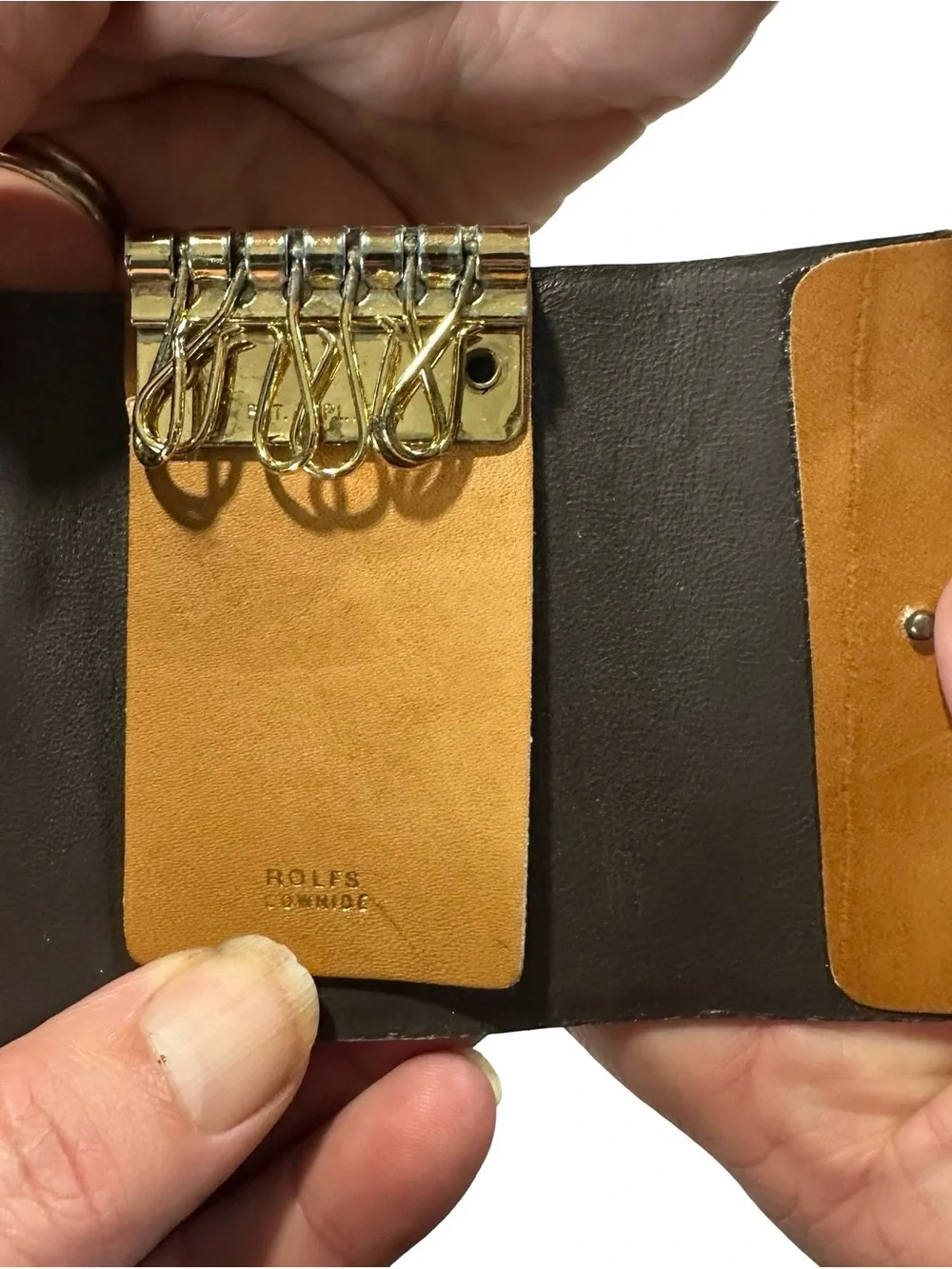 Vtg Rolfs Tan Cowhide Leather Key Kaddy 6 Hook Wallet Holder Case Gold Box NOS